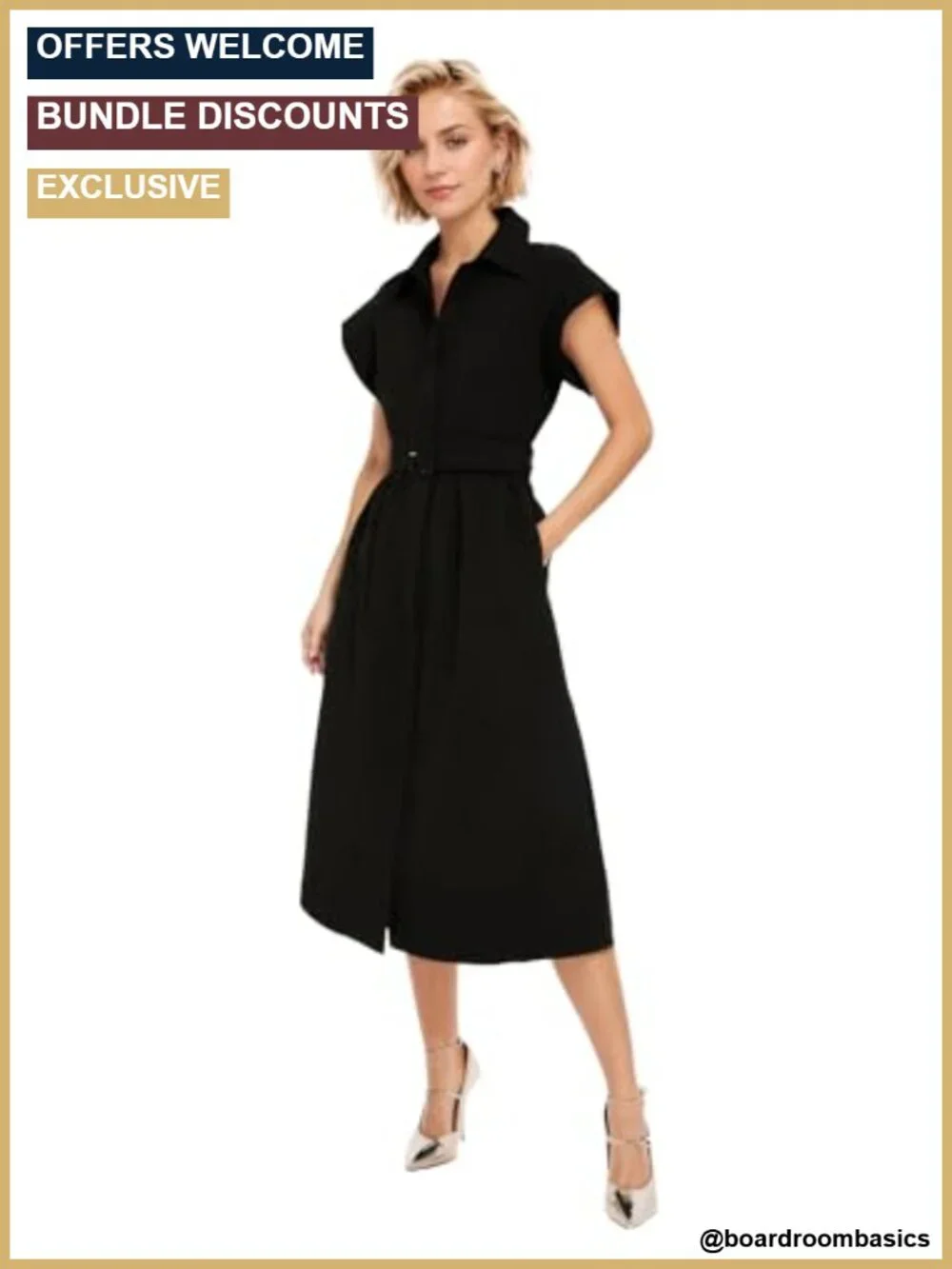 Women's Casual Midi Shirt Dress with Belt Button Front V-Neck